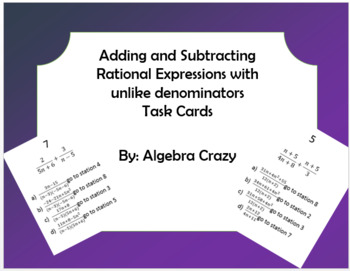 Preview of Adding/Subtracting Rational Expressions w/Unlike Denominators Task Cards