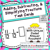 Add, Subtract & Simplify Fractions Task Cards w/ Coded Jok