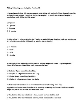 Preview of Adding, Subtracting, and Multiplying Fractions Word Problems - Worksheet #1