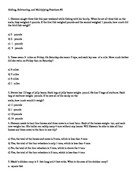Adding, Subtracting, and Multiplying Fractions Word Problems - Worksheet #2