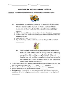 Preview of Adding, Subtracting and Multiplying Money Word Problems