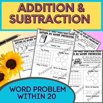 Preview of Adding & Subtracting within 20 word problems worksheet (number bond, number line
