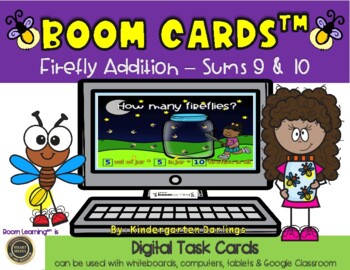 Preview of Adding Sums 9 and 10 - Fireflies - Boom Cards for Distance Learning