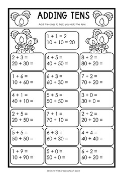 Adding Tens onto Two digit numbers - Worksheets / Printables for Grade One