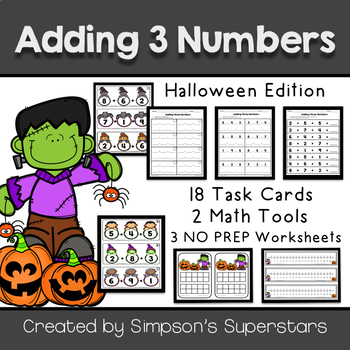 Preview of Adding Three Numbers: Task Cards ~ Halloween Themed
