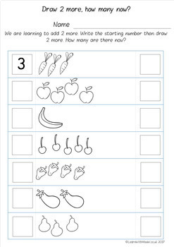 Addition Worksheets Pack - draw 1 or 2 more by Learn With Miss W