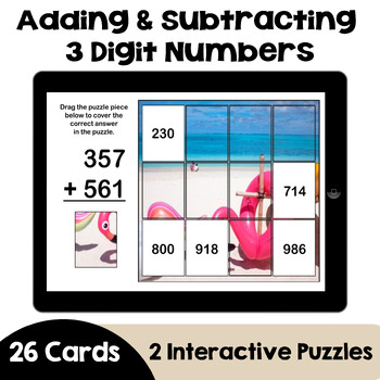 Preview of Adding and Subtracting 3 Digit Numbers Summer Boom Card Puzzles