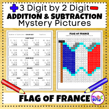Preview of Adding and Subtracting 3 Digit by 2 Digit Numbers Flag of France Mystery Picture
