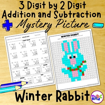 Preview of Adding and Subtracting 3 Digit by 2 Digit Numbers Winter Rabbit Mystery Picture