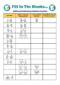 Preview of Adding and Subtracting Algebraic Fractions Fill in The Blanks with Answers