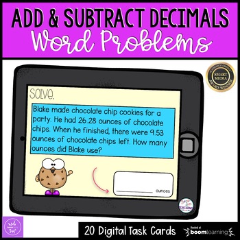 Preview of Adding and Subtracting Decimals Digital Task Cards | Boom Cards | Word Problems