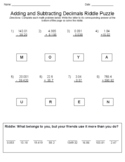 Adding and Subtracting Decimals Math Riddle Puzzle Printable Worksheet