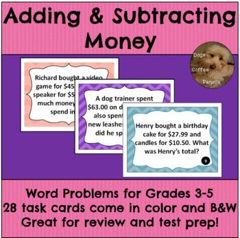 Preview of Adding and Subtracting Decimals Money Word Problems | Printable Math Task Cards