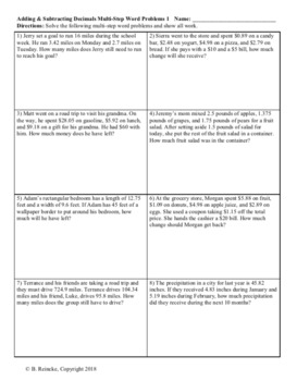 adding and subtracting decimals multi step word problems 4 worksheets 5 nbt 7