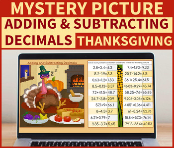 Preview of Adding and Subtracting Decimals | Mystery Picture Thanksgiving Day Pixel Art