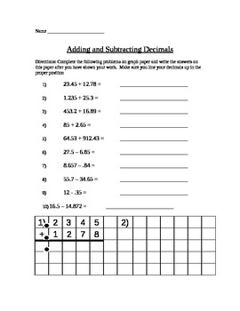 Preview of Adding and Subtracting Decimals Quiz Using Graph Paper