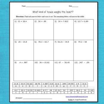 Adding and Subtracting Decimals Riddle by Simone | TpT