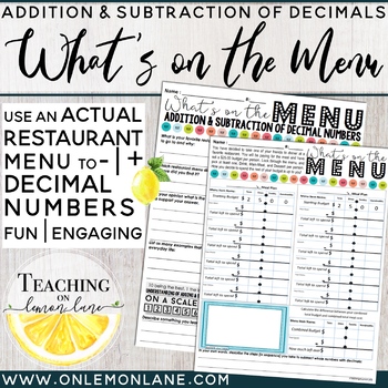 Preview of Real World Adding & Subtracting Decimals Whole Number Decimal Diner Menu Math