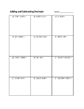 Preview of Adding and Subtracting Decimals Worksheet