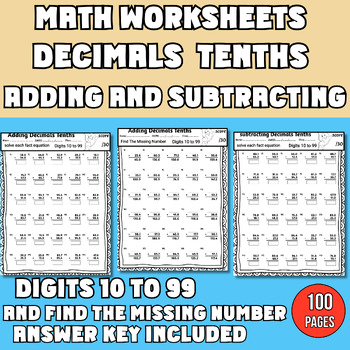 Preview of Adding and Subtracting Decimals to The Tenths Worksheets (Digits 10 to 99)