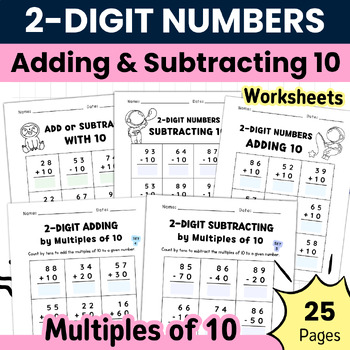 2-Digit Numbers Adding and Subtracting by 10 and Multiple of 10 Worksheets