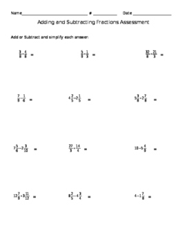 Preview of Adding and Subtracting Fractions Assessment