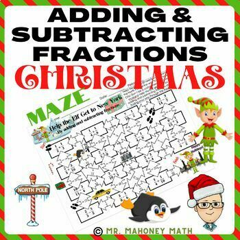 Preview of Adding and Subtracting Fractions Christmas/Holiday Maze - Elf Theme