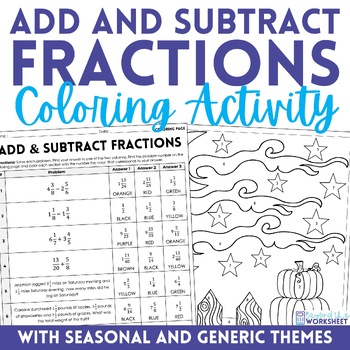 Preview of Add and Subtract Fractions Coloring Worksheet Halloween Activity