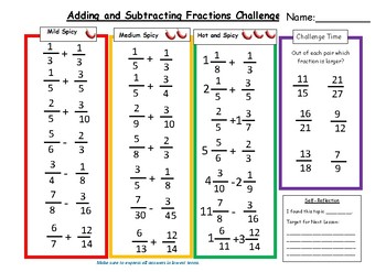 adding and subtracting fractions differentiated worksheet with answers