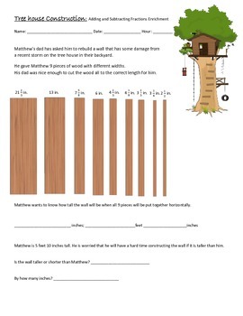 Preview of Adding and Subtracting Fractions Enrichment- Tree House Construction