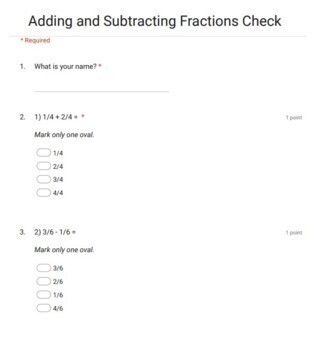 Preview of Adding and Subtracting Fractions Google Form Quiz