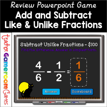 Preview of Adding and Subtracting Fractions Review Powerpoint Game Halloween Theme