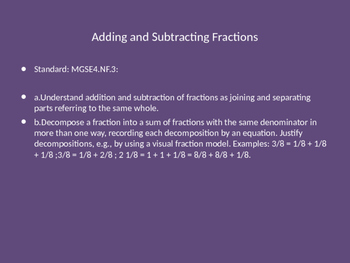 Preview of Adding and Subtracting Fractions MGSE4.NF.6