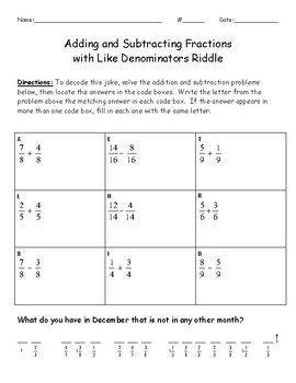 Adding and Subtracting Fractions With Like Denominators Riddle | TpT