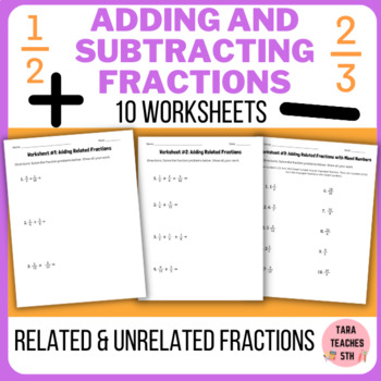 Preview of Adding and Subtracting Fractions Worksheets (set of 10 - double sided pages!)