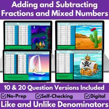 Preview of Adding and Subtracting Fractions and Mixed Numbers Pixel Art BUNDLE