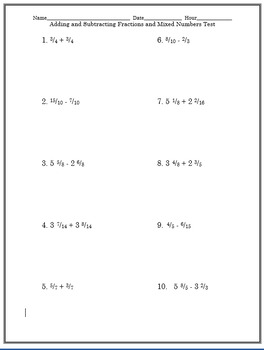 Preview of Adding and Subtracting Fractions and Mixed Numbers Test