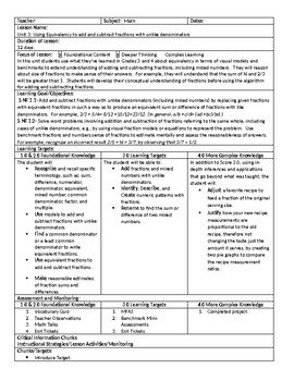 Preview of Adding and Subtracting Fractions and Mixed Numbers Unit Plan with Goal and Scale