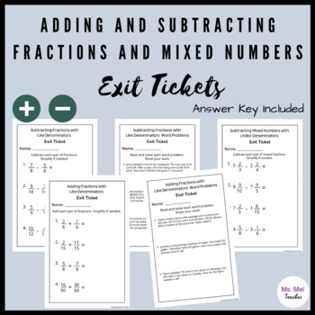 Preview of Adding and Subtracting Fractions and Mixed Numbers Exit Tickets/Slips