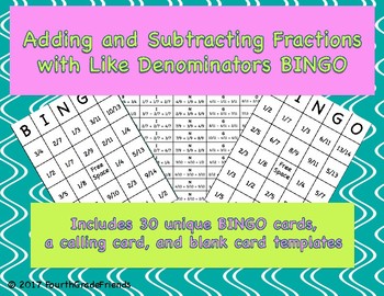 Preview of Adding and Subtracting Fractions with Like Denominators BINGO
