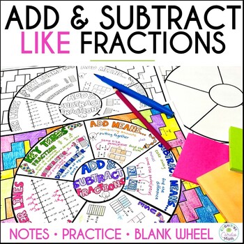 Preview of Adding and Subtracting Fractions with Like Denominators Guided Notes Math Wheel