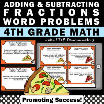 Preview of Adding and Subtracting Fractions with Like Denominators Word Problems Pizza 4th