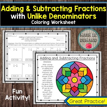 adding and subtracting fractions with unlike denominators coloring worksheet