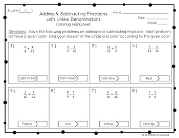 adding and subtracting fractions with unlike denominators coloring worksheet