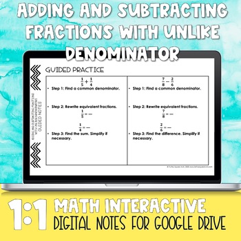 Preview of Adding and Subtracting Fractions with Unlike Denominators Digital Notes