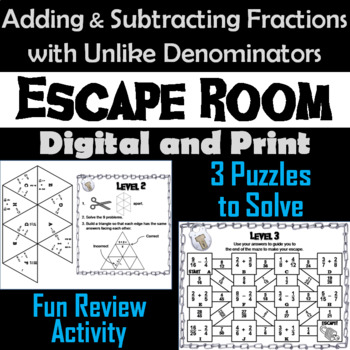 Preview of Adding and Subtracting Fractions with Unlike Denominators Game: Math Escape Room