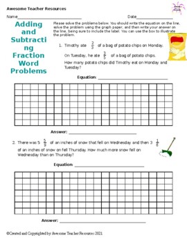 Preview of Adding  and Subtracting Fractions with Unlike Denominators Word Problems #1