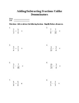 add subtract fractions with unlike denominators worksheet tpt