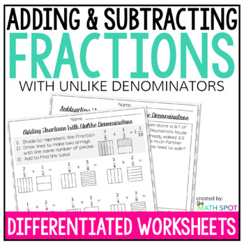 Preview of Adding and Subtracting Fractions with Unlike Denominators Worksheets Visuals