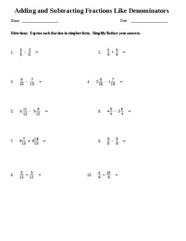 Preview of Adding and Subtracting Fractions with like Denominators Worksheet